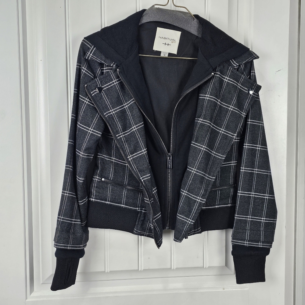 Habitual Girls Lyla Plaid French Terry Hoodie Zip Jacket Size 12 Black Moto - Picture 3 of 9